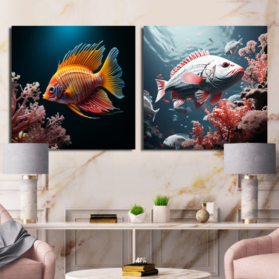 Ensemble de 2 magnifiques poissons-papillons bleus et oranges - collage de poissons carrés