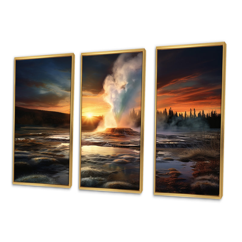 Volcanic Eruption At Sunset II - Geyser, ensemble d'art sur toile, Cadre flottant doré, H 40 po x l 60 po x P 1 po