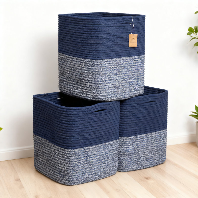 Storage Cube Bins 3-Pack, Woven Cotton Rope Organizer Baskets With Reinforced Handles For Shelves, Kids Toys And Closet Organization