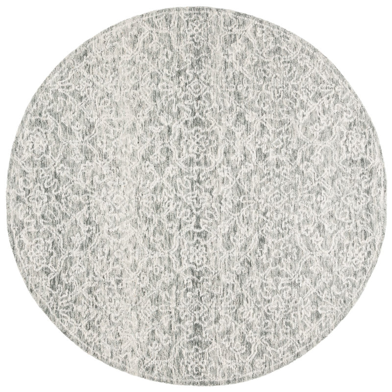 Ranod Ebony Hand Tufted Wool Cotton Damask Rug in Gray/Ivory, Round 6'