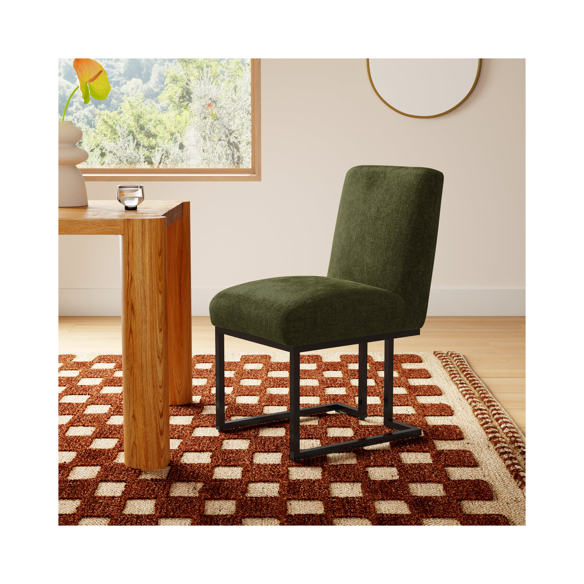 Bende Modern Fabric Upholstered Side Chairs with Metal Sled Base, Olive Green