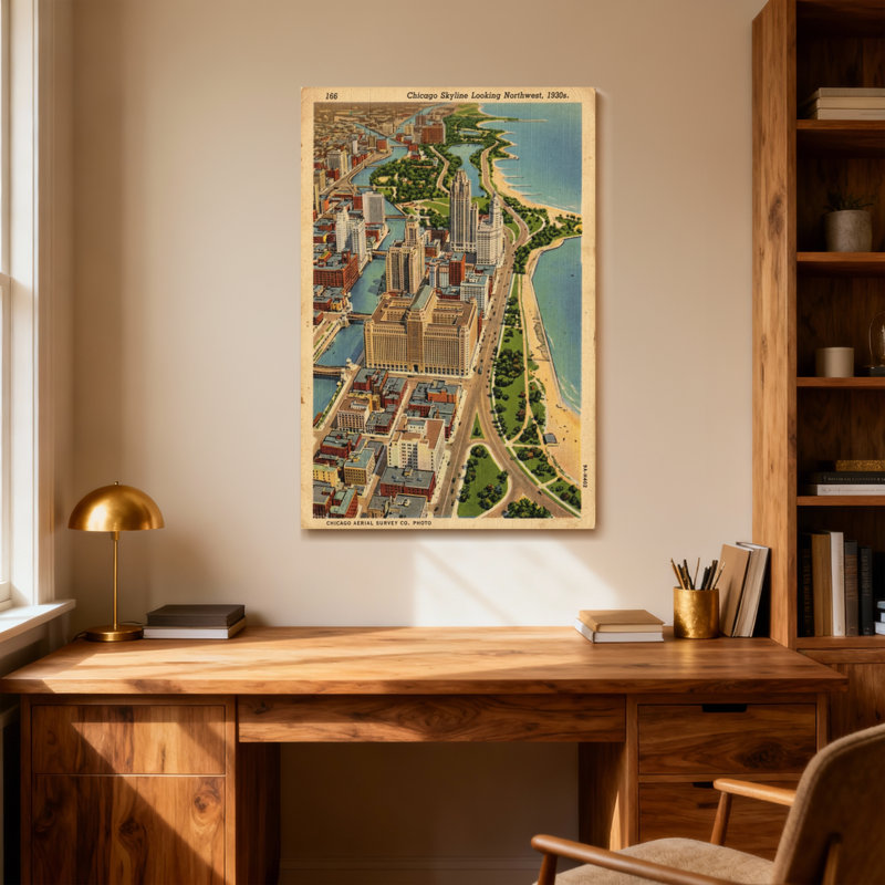Paysages pittoresques et paysages urbains de Chicago, vue du nord-ouest des années 30, H 18 po x l 12 po