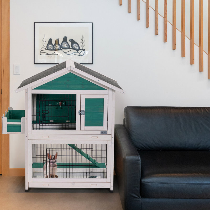 Lapin en bois massif à 2 étages avec plateau coulissant - Toit imperméable pour 1 à 2 lapins, cochons d'Inde, cage à hamsters et bois, furet de lapins en forme