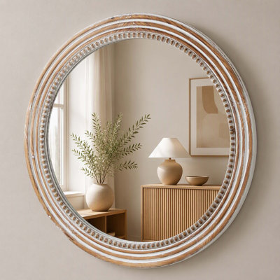 Multi‑Layer Beaded Rustic Wood Round Wall Mirror, Hand‑Made Farmhouse Wall Decor Mirror for Bedroom, Entryway, Bathroom, Coastal House