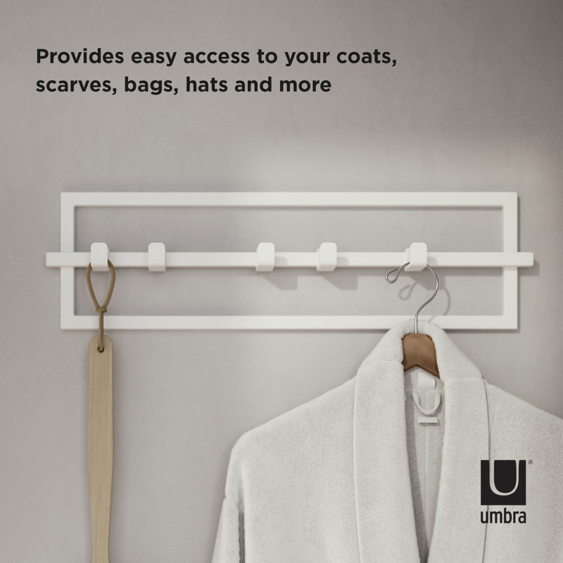 White Steel Wall-Mounted Hook Rail with 5 Adjustable Hooks
