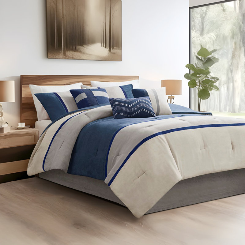 Ensemble d'édredon en microsuède 7 pièces Kimberly, Bleu, Édredon de très grande taille et 6 pièces suppl