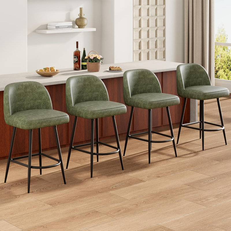 Ensemble de 4 tabourets de bar 26 po, similicuir, dossier, pieds en métal, îlot de cuisine, vert, 4, Vert