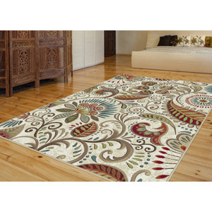 Kasturi Floral Ivory/Mocha/Wine Red Area Rug