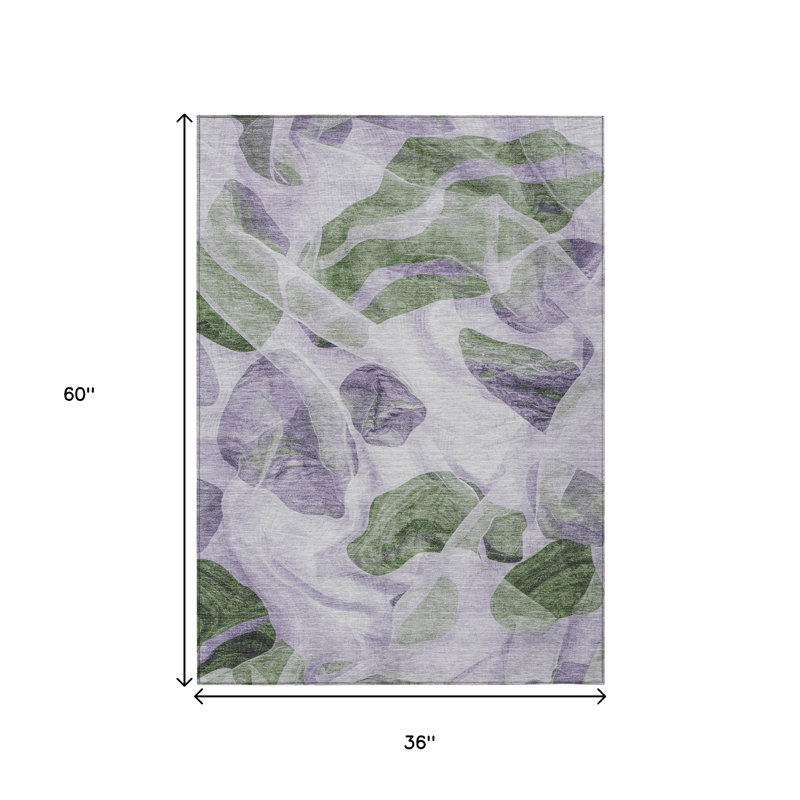 3' X 5' Lavender And Green Abstract Washable Indoor Outdoor Area Rug