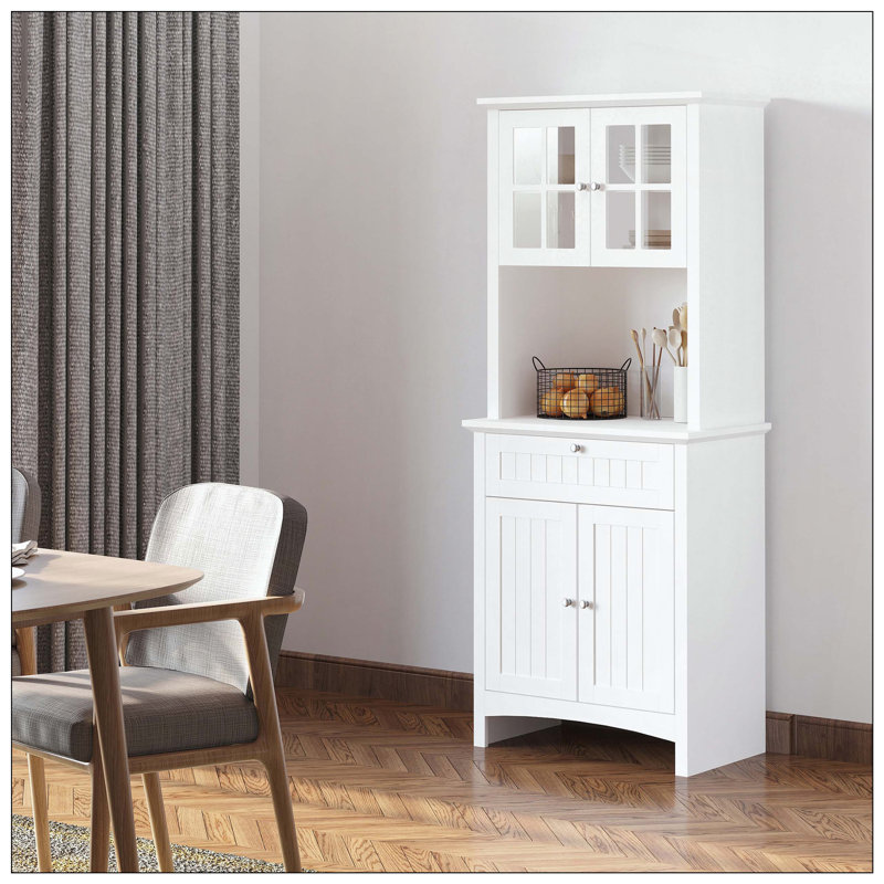Élégant buffet avec huche, armoire de rangement pour garde-manger avec porte en verre encadrée et espace pour micro-ondes