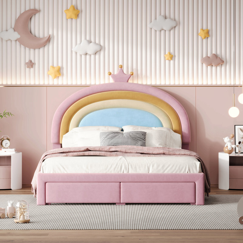 Upholstered Rainbow Design Bed, Velvet Princess Platform Bed With Storage Drawer, No Box-Spring Needed,Colorful&Pink, Full XL