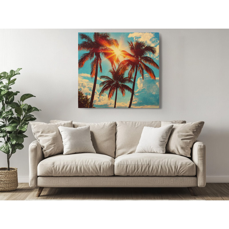 «Tropical Palm Trees Sunset», impression sur toile tendue sur toile, bleu côtier et plage orange, 30 po x 30 po