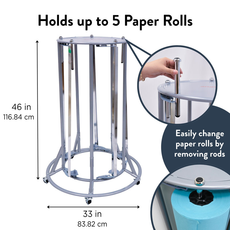 Angeles Freestanding Mobile 5-Roll Paper Storage Stand, Rolling Organizer with Brakes, Heavy-Duty Paper Cutter and Butcher Paper Dispenser 