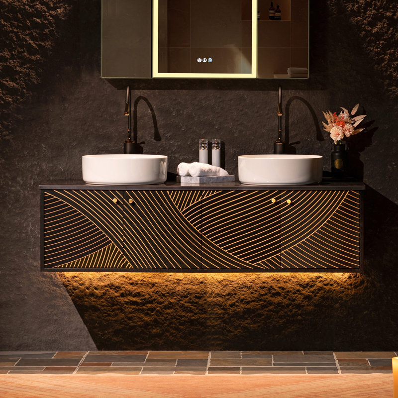 Meuble-lavabo mural flottant 60 po Eden - Double vasque en céramique, comptoir en pierre reconstituée noire et détails noirs / dorés peints à la main et style mural peu encombrant