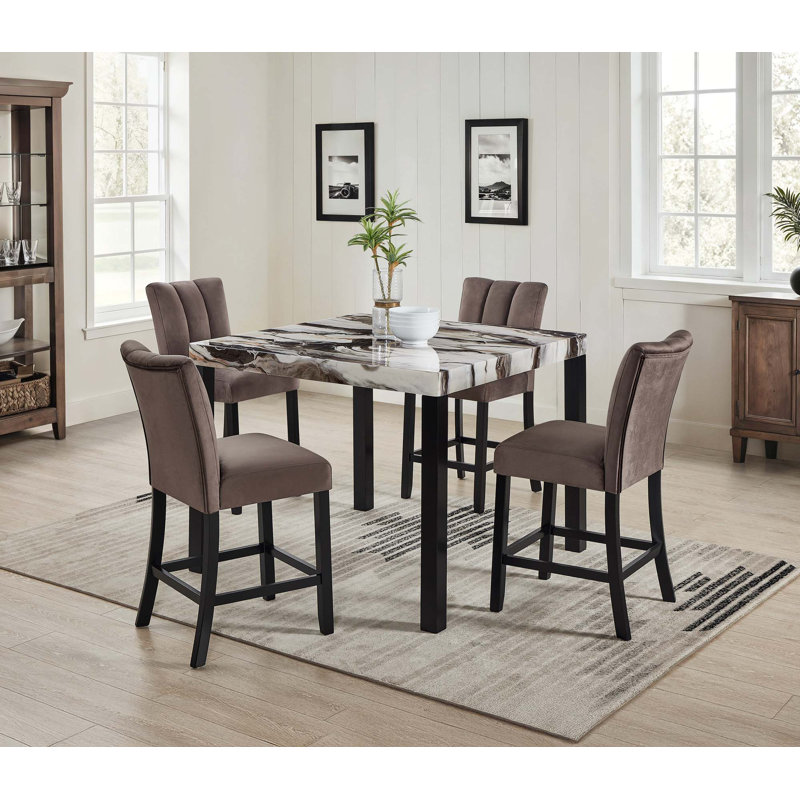 5PCS Table de salle à manger carrée en faux marbre avec chaises rembourrées