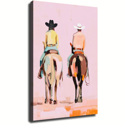Abstract Modern Two Cowboys Riding Horses Pink Background Large Gallery Wrapped Canvas Wall Art Print For Living Room Bedroom