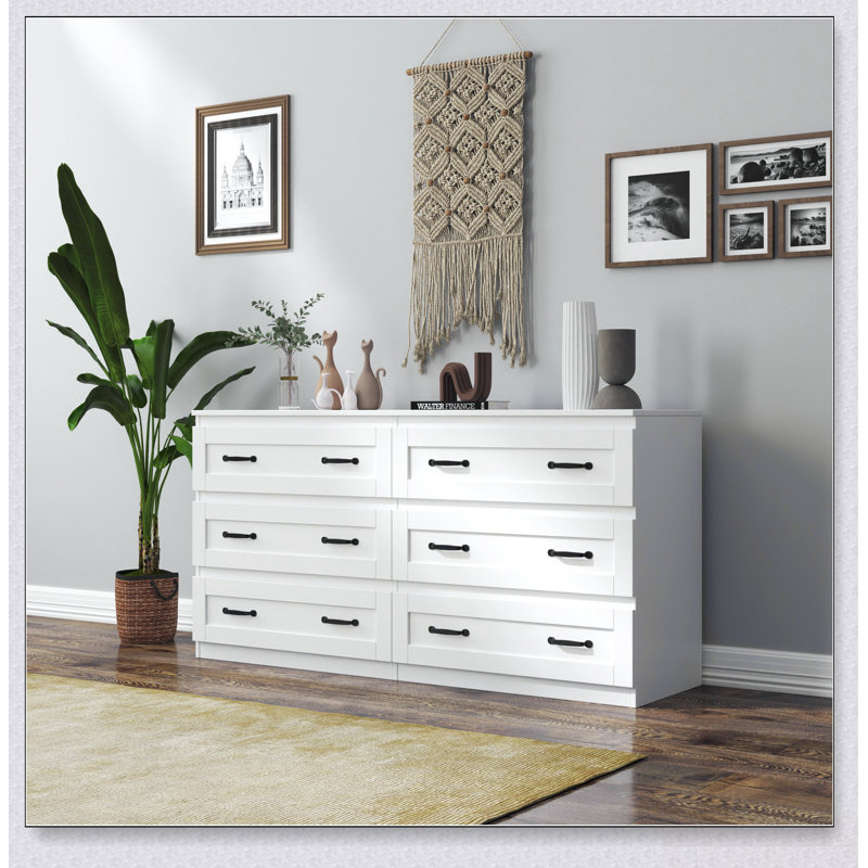 Commode d'appoint moderne blanche avec 6 tiroirs, commode avec poignées en métal pour une vie organisée