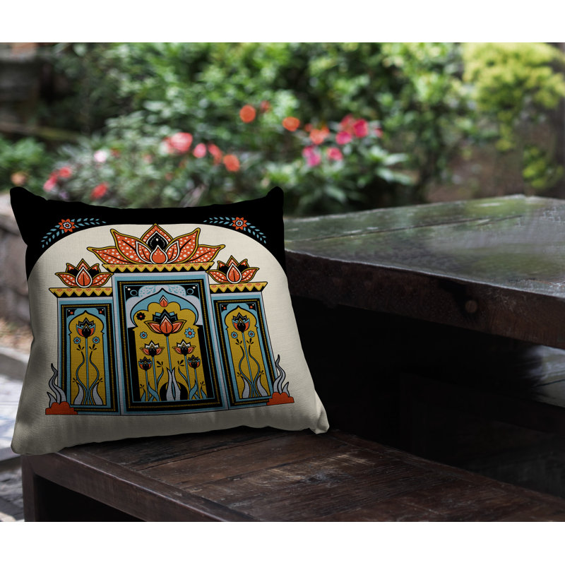 Coussin intérieur / extérieur Kimaya Lotus Arch, Noir / orange / or / bleu / gris, Carré 15 po
