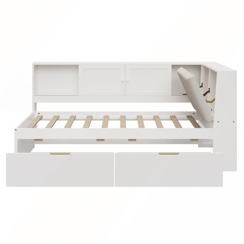 L-shaped Daybed Corner Bed Under-bed Drawers with Storage Bookcase, Twin, White