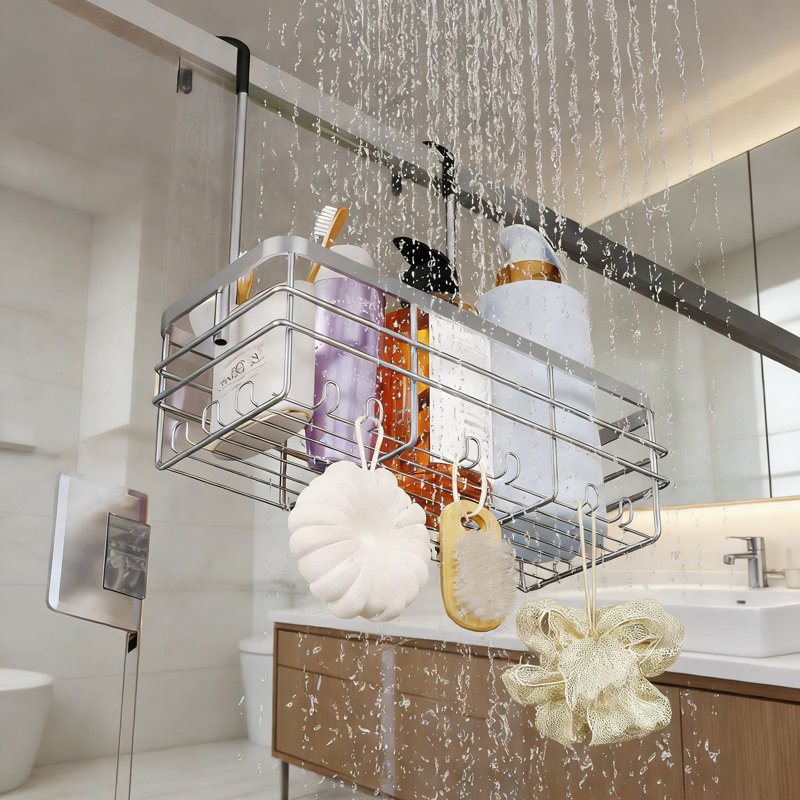 No-Drill Hanging Shower Caddy Organizer - Rustproof 304 Stainless Steel Bathroom Shelf With Hooks For Over Door, Curtain Rod, Or Grab Bar - Quick Drainage Design