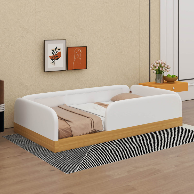 Lit simple de taille basse, lit plateforme tapissier de velours avec poches latérales et rails de sécurité pleine longueur
