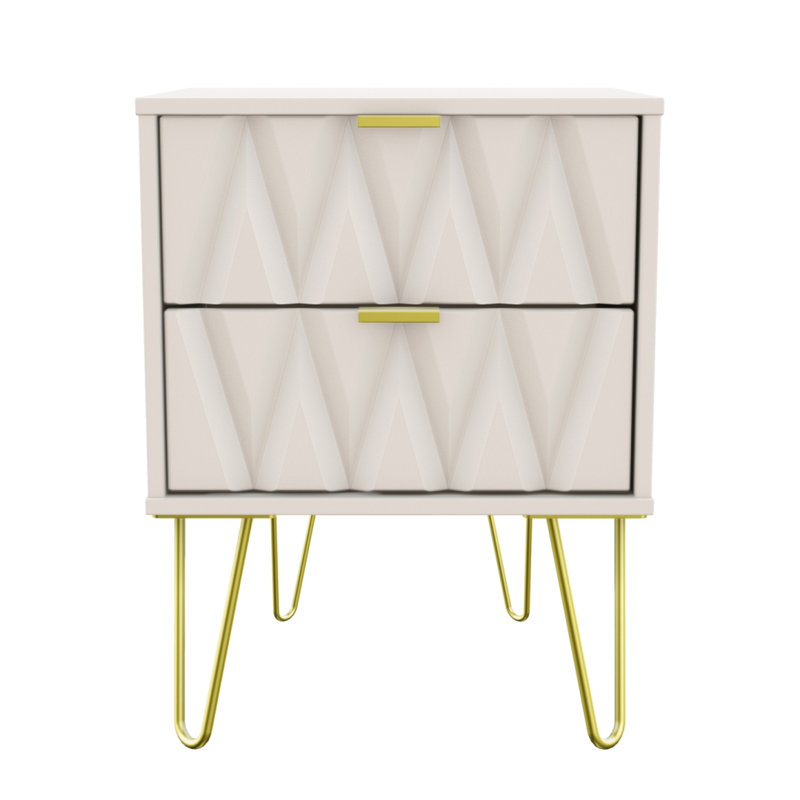 Fully Assembled Diamond - Gold Hairpin (F) 2 Drawer Bedside, Beige
