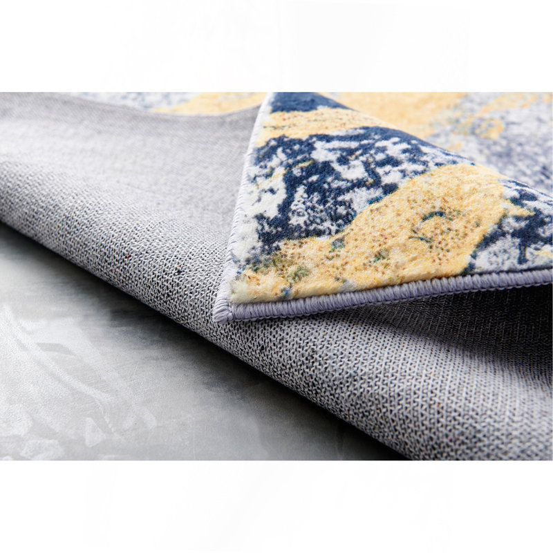 Tapis bleu / jaune à motif abstrait lavable à la machine, Rectangle 7 pi 6 po x 10 pi 6 po
