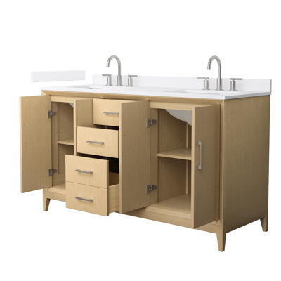 Meuble-lavabo double 60 po Janna en chêne blanc, comptoir en marbre de culture blanc, lavabos carrés encastrés (3 trous), garniture nickel brossé
