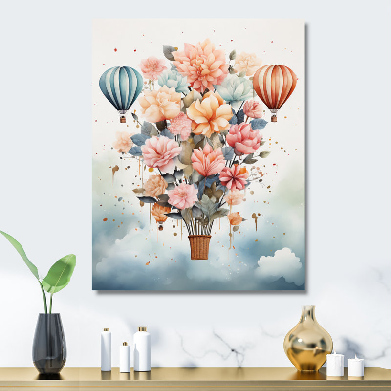 Bouquet de fleurs en montgolfière II - montgolfière, impression sur métal, H 20 po x l 12 po x P 1 po