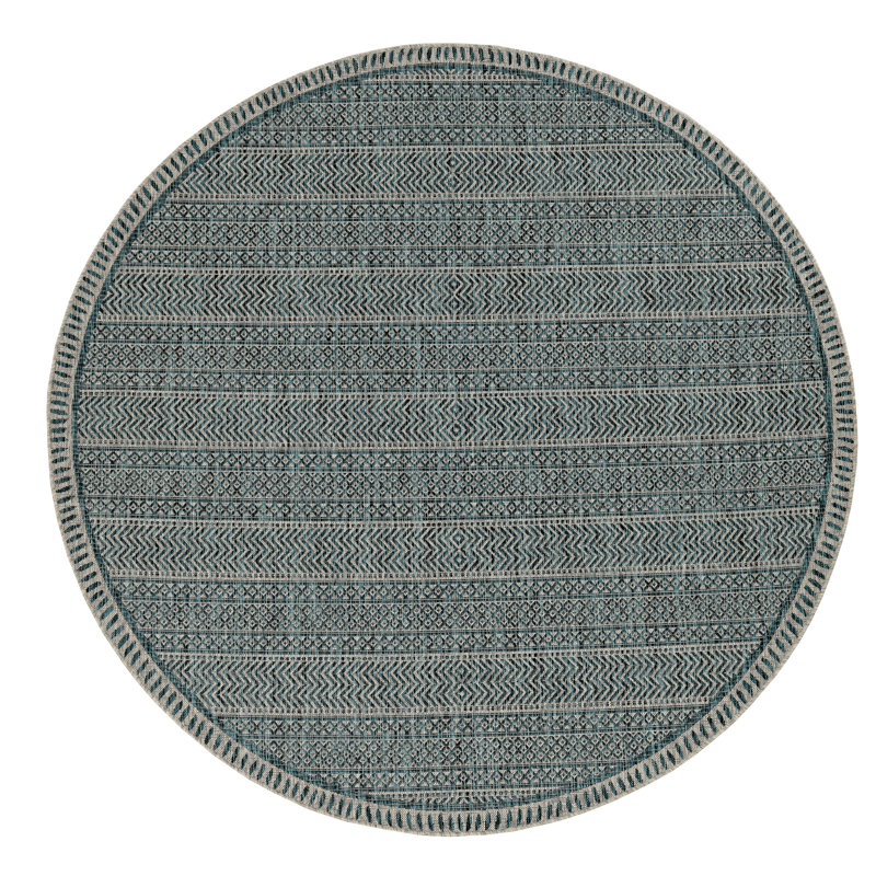 Sedona Striped Tribal Bohemian Teal/Natural Indoor/Outdoor Performance Area Rug, Round 7'10"