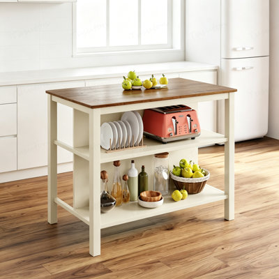 Îlot de cuisine 45 po en bois massif avec table de préparation en bois d'hévéa et 2 tablettes ouvertes pour petits espaces
