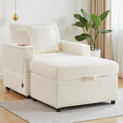 Comfortable Fluffy Corduroy Lazy Single Sofa, Super Soft Chaise Lounge with Storage Ottoman, Table Board & USB Port, Big Single Chair for Living Room, Apartment