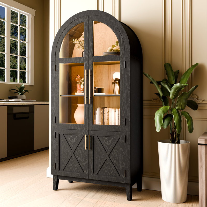 74.8" Tall Arched Storage Cabinet, 5-tier Arched Bookcase With Human Body Sensor, 3 Color Lights Display Cabinet With Glass Door For Living Room Office Wood Black