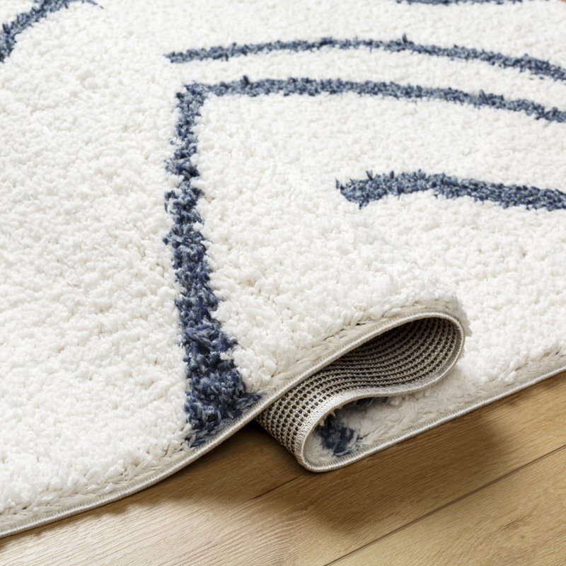 Rectangle Battie Machine Woven Polyester Area Rug in Blue/White, Rectangle 5'3" x 7'