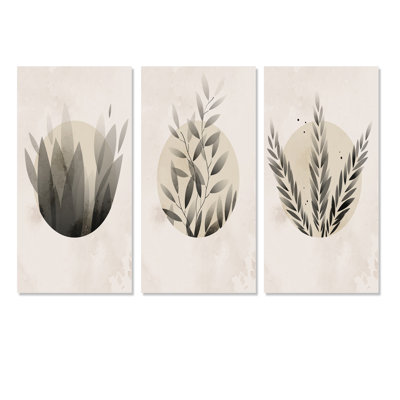 «Botanical Flower Silhouette on Retro III», ensemble de 3 impressions sur toile tendue