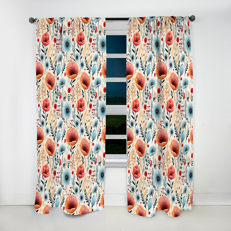 Blue and Coral Vintage Poppy Dreams - Rideau bohémien - Velours obscurcissant - 1 panneau, L 52 po x L 108 po
