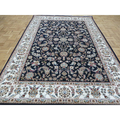 Tapis oriental bleu marine en soie noué à la main 5 pi 8 po x 8 pi F7B57BA71D29449CBC434A106BD1B352