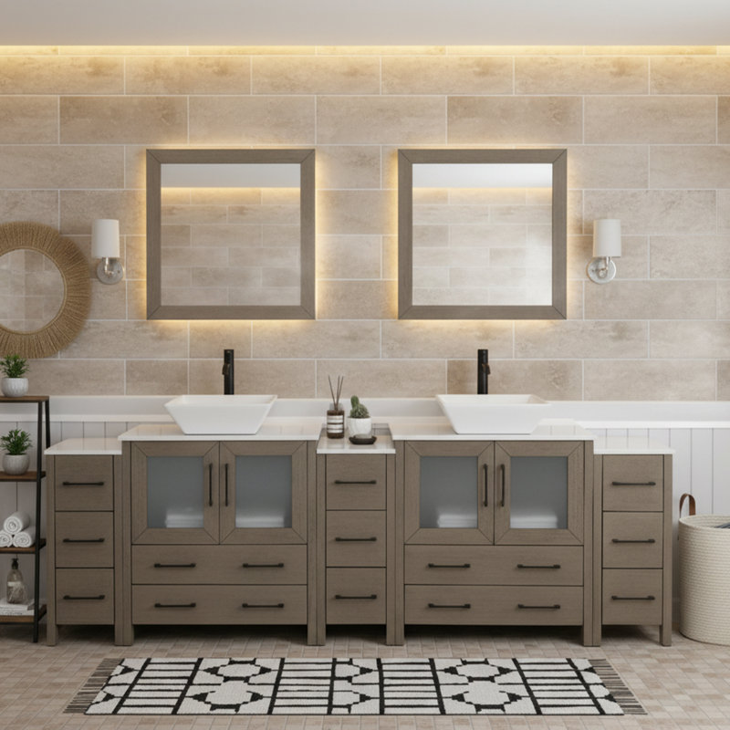 Ensemble de meuble-lavabo autoportant à double cuve 96 "avec plateau en marbre et miroirs assortis Ravenna, Dark Grey