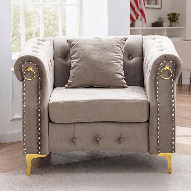  40.9'' Elegant Comfort Velvet Upholstered Armchair with Tufted Design, Beige