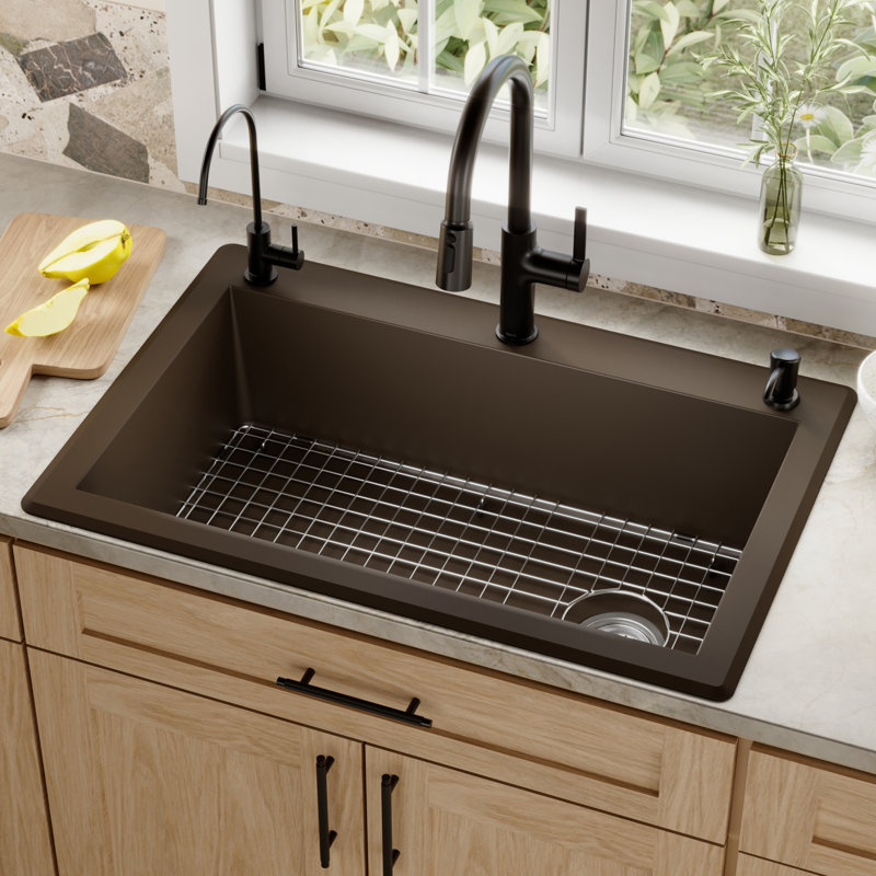 Ensemble d'évier de cuisine à simple cuve encastrable 33 po x 22 po Karran Quartz, Brun