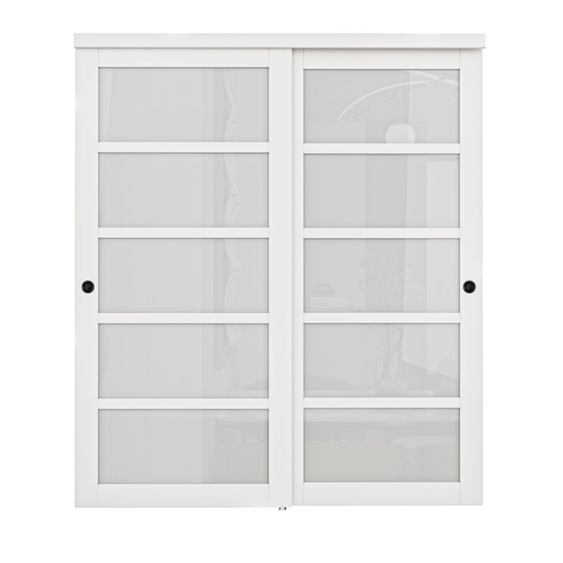 72 in. x 80 in. White MDF Sliding Door with Frosted Glass Panels