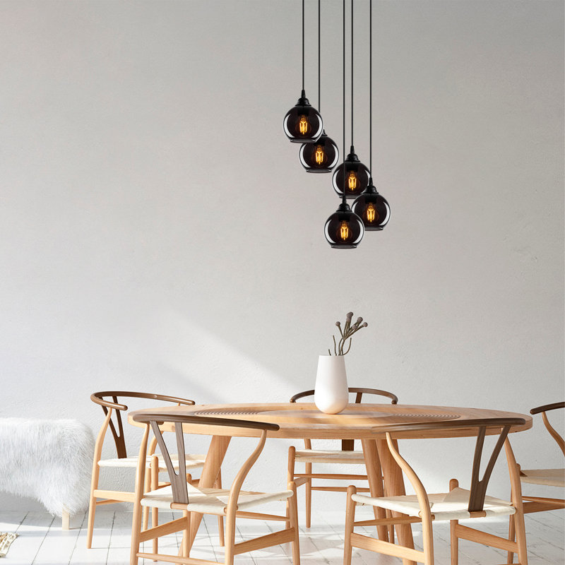 Industrial Scandinavian Chandelier, Fume Color, 19.7 x 19.7 inches | Adjustable Height 44.9 inches | Metal Body with Glass Cap, 5 x E27 Sockets (Max 40W) | Nostalgic Design for Modern Living Rooms & Dining Areas, IP20 Rated