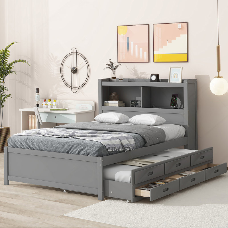 lit plateforme avec lit gigogne, tiroirs et prises USB, Gris