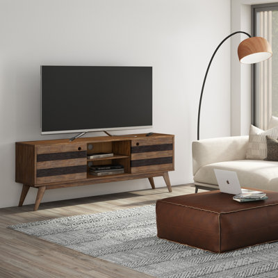 Clarkson 60"W Solid Acacia Mid-Century Modern Low TV Stand for TVs up to 65" with Sliding Doors
