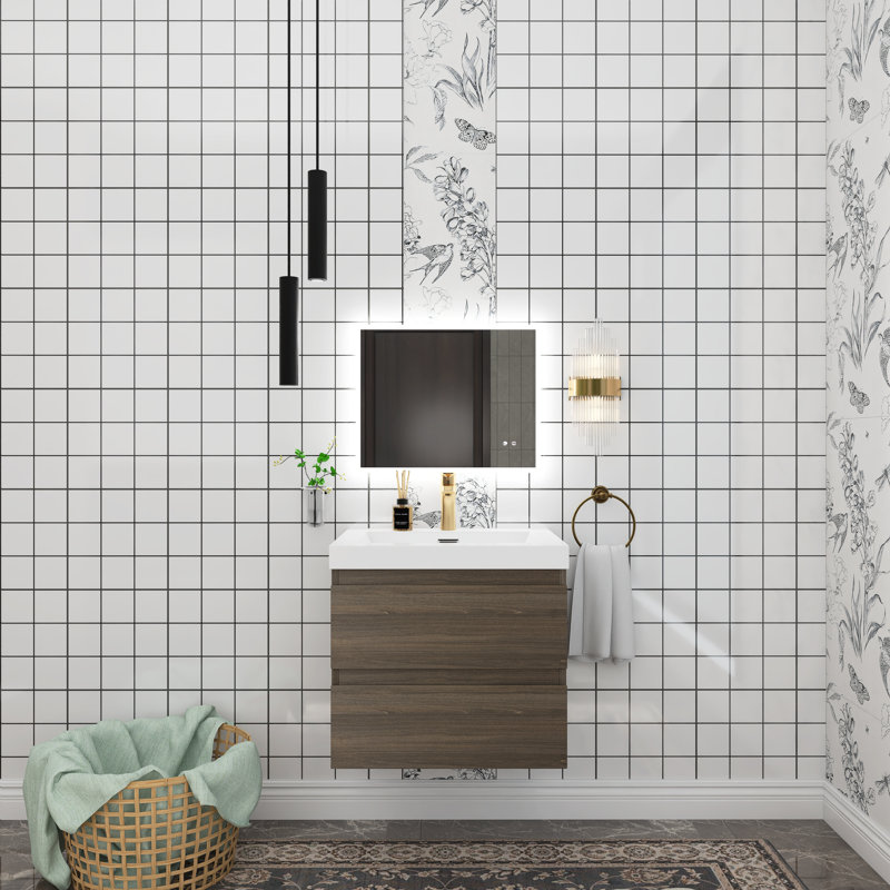 Meuble-lavabo simple avec plateau en résine Teriann, Gris cendré