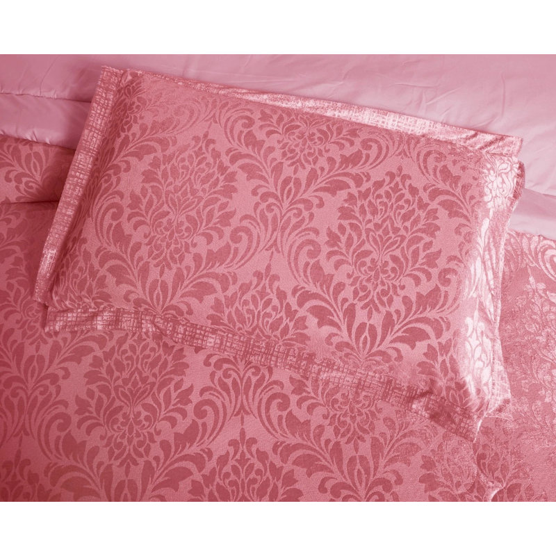 3 Piece Velvet Damask Jacquard Bedspread Reverse Microfibre Bed Throw 2 Matching Pillow Shams, Pink