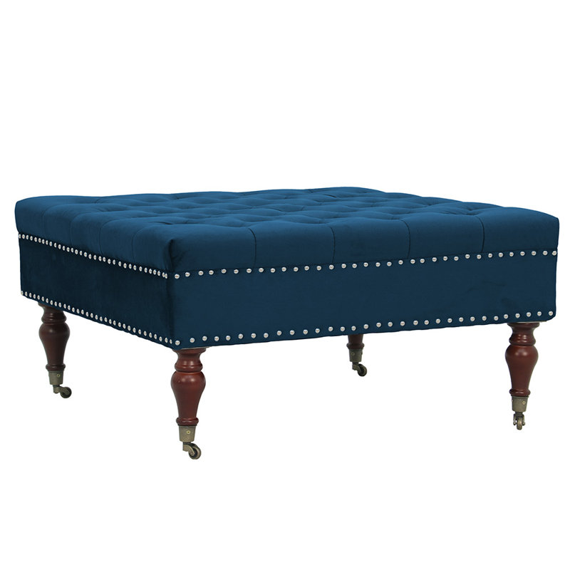 Bakri 34" Wide Nailhead Trim Tufted Square Upholstered Ottoman, Navy 100% Polyester