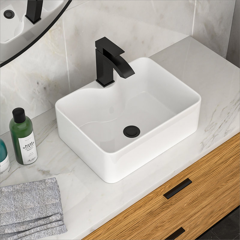 Lavabo de salle de bain vasque rectangulaire en céramique blanche 16 po x 12 po avec robinet noir et drain noir