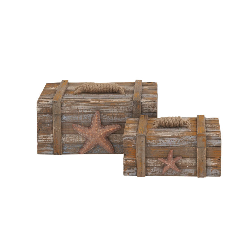 Wood Handmade Distressed Starfish Decorative Brown Box with Knotted Rope Details Set
