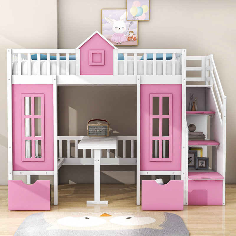 Haideh Kids Bunk Bed with Drawers, White/Pink, Twin over Twin
